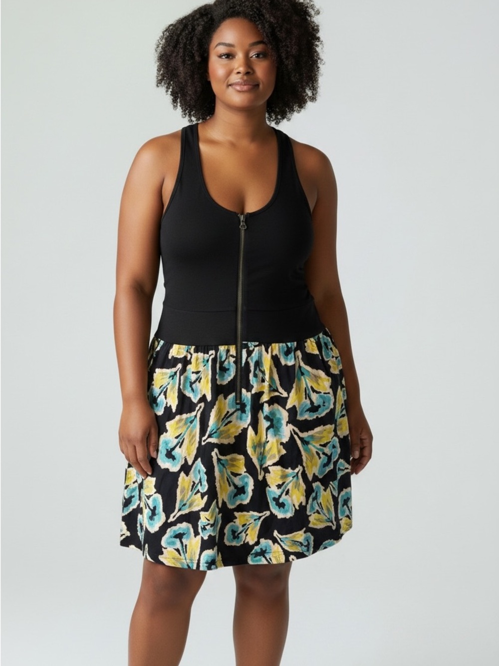 American Rag Black Zip-Front Skater Dress with Green & Blue Floral Skirt